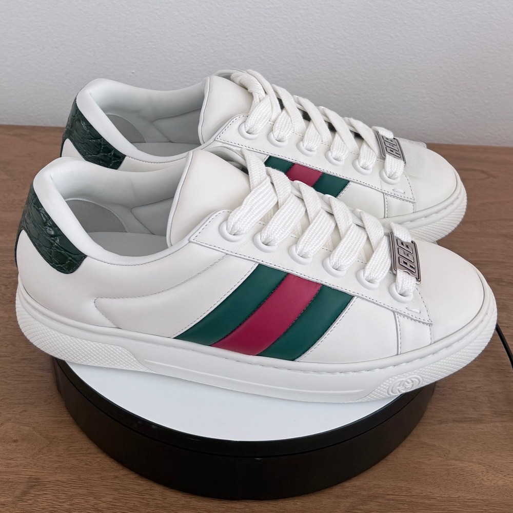 Gucci Ace White Leather Web Stripe Sneakers Green Croc Heel 791394 Mens UK 9